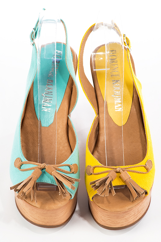 Aquamarine blue and camel beige women's slingback sandals.. Top view - Florence KOOIJMAN